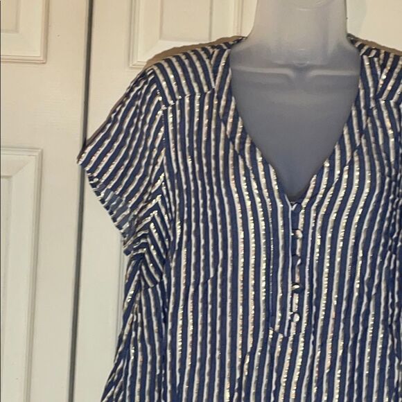 Torrid Blue and Sparkly Gold Lurex Striped Blouse 0/0X - Picture 6 of 15